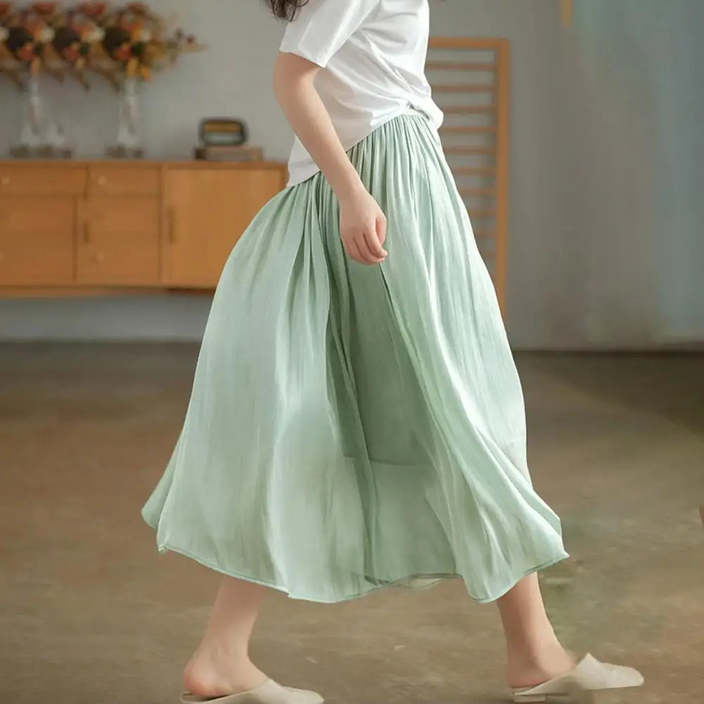 

Women Midi Skirt Gauze Pleated High Waist Loose Skirt Solid Color Elastic Waist Double Layers Lady Dating Skirt