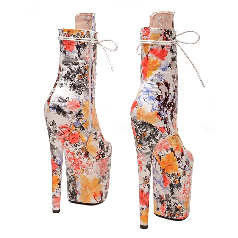 Leecabe  20CM/8inches flower pattern upper ankle platform Pole Dance boot