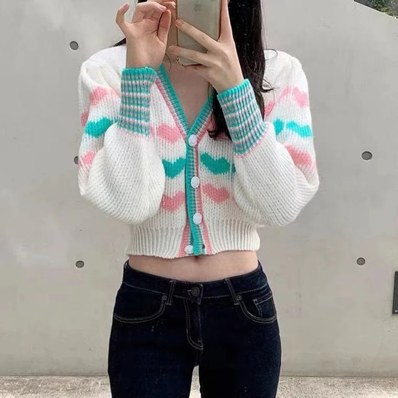 Женский жаккардовый кардиган с V-образным вырезом и высокой талией