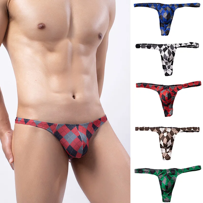 

Summer Men's Sexy Underwear Low Waist Thong Plaid Printing Ice Silk Thread Briefs G-string Soft Breathable Underpants