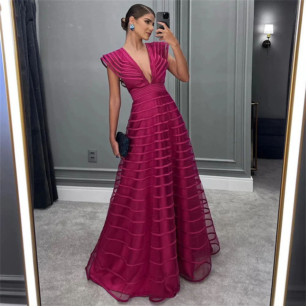 

Lily Burgundy A Line Evening Dresses Cap Sleeves Deep V Neck Prom Gowns Floor Length Women Party Special Occasion Dress 프롬 드레스
