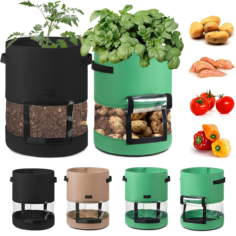 7/10 Gallon Felt Plant Grow Bags Transparent Potato Pot with Handle Seed Vegetabls Onion Carrot Planter Outdoor Garden Tools