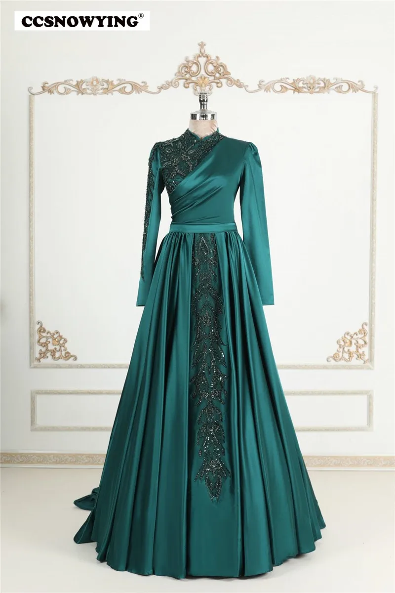 

Teal Long Sleeve Muslim Evening Dresses Satin Beaded Appliques Arabic Dubai Hijab Prom Formal Party Gown Robes De Soirée