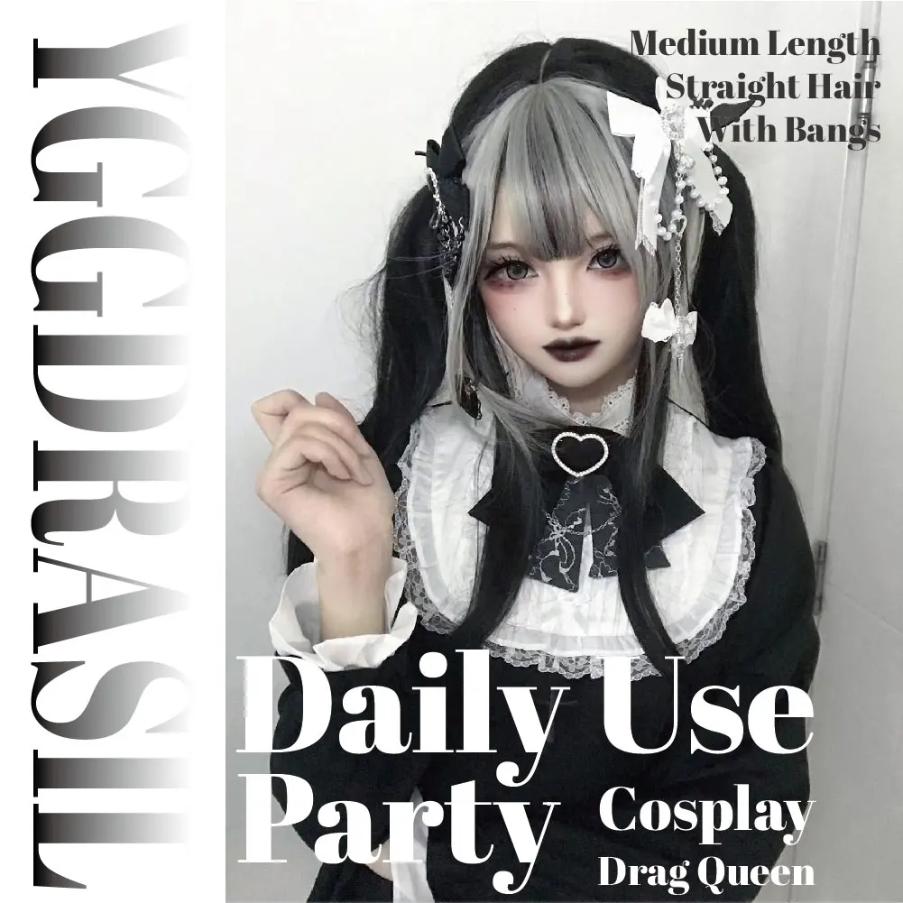 24-дюймовые серебристо-серые и черные синтетические парики в готическом стиле с