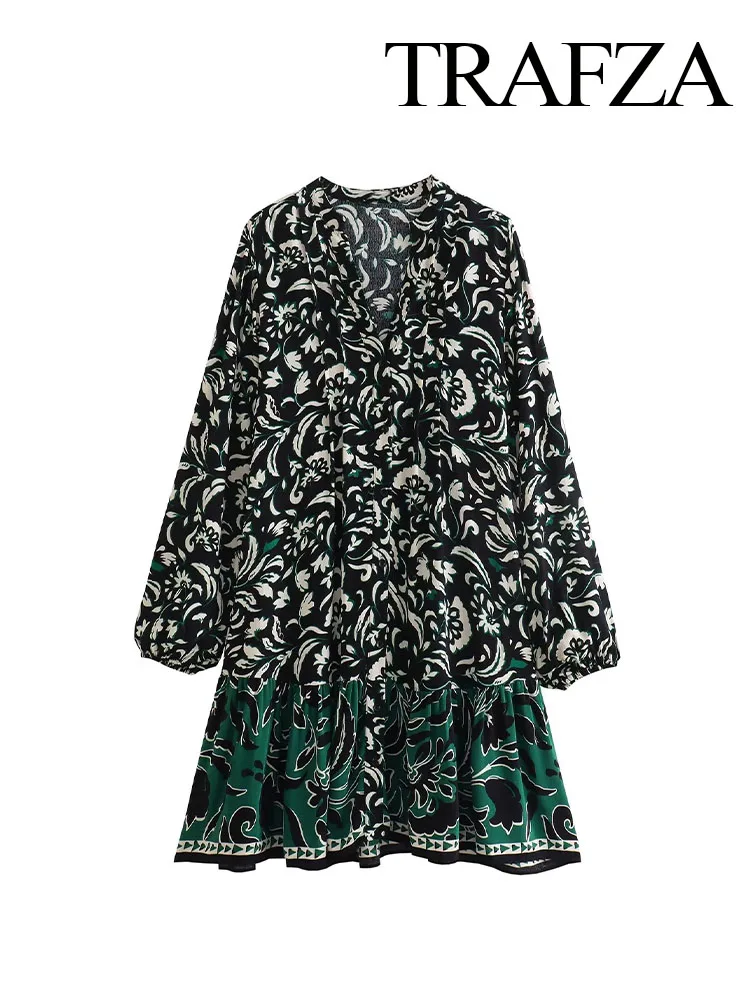 

Женское винтажное мини-платье с принтом, V-образным вырезом и рукавами-фонариками