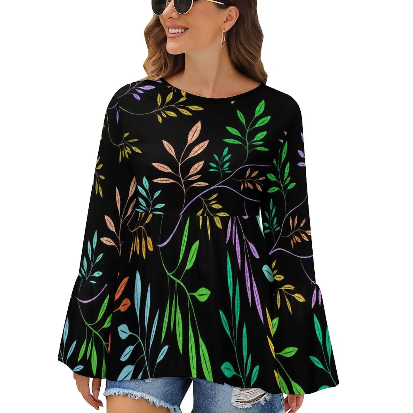 

Футболка женская с оборками, изящная милая рубашка с разноцветным принтом листьев, уличная одежда, топ оверсайз с узором, подарок