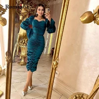 romantic satin evening dress sweetheart full sleeves tea length saudi arabia short prom gowns dubai for women plus size dubai