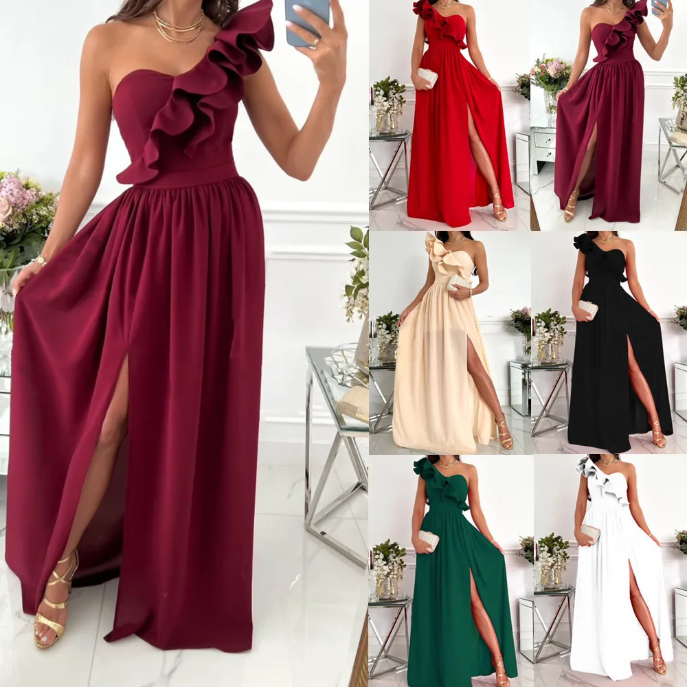 

2023 New Summer Sleeveless Road Shoulder Lotus Leaf Hem Split Dress Women