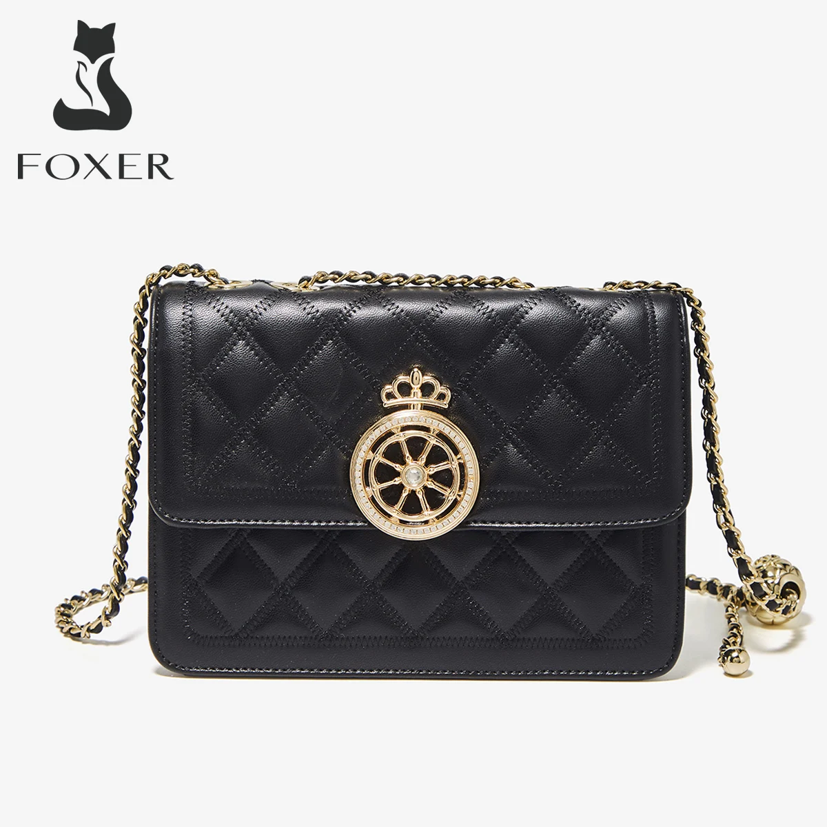 

FOXER New Women's Shoulder Crossbody Flap Bag Split Leather Classical Lattice Messenger Bag Luxury Lady Stylish Chain Pocket Bag