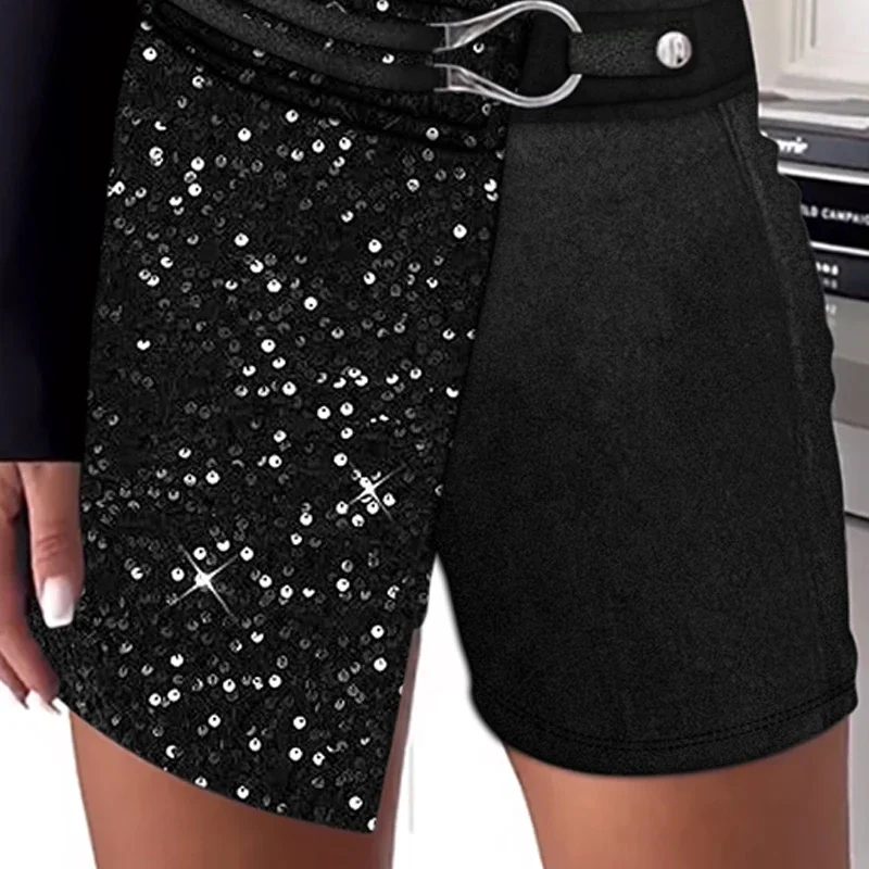 Женские блестящие Лоскутные шорты с металлической пряжкой повседневные