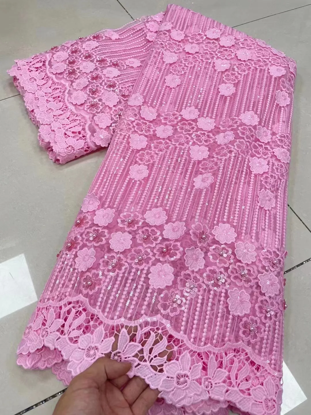 Pink High Quality Fashion French Mesh Embroidery Lace Fabric African Nigerian Sequins Lace Fabric For Wedding Dress