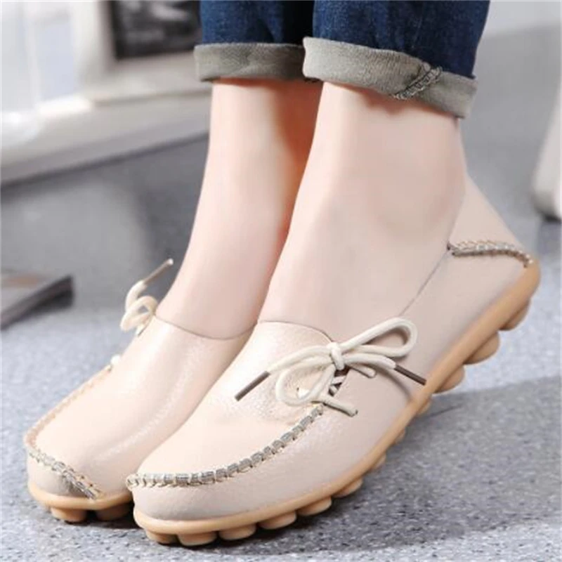 

New Moccasins Women Flats 2019 Autumn Woman Loafers Genuine Leather Female Shoes Slip On Ballet Bowtie Women's Shoe Size 35-44
