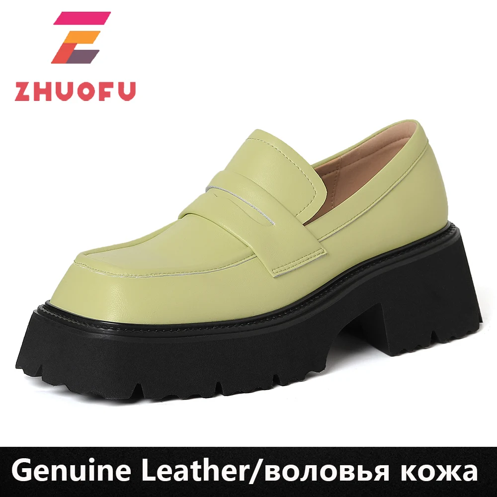 

ZHUOFU 2023 Platform Loafers Shoes Women Spring Square Toe Genuine Leather Chunky Heels Lady Footwear Blue Causal Loafers