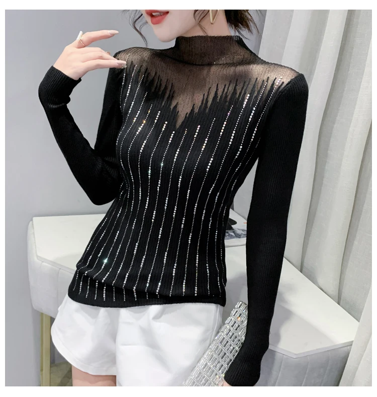 

Summer 2022 Thin Knitwear T-shirt Women Stretchy Diamonds Beading Transparent Sexy Women Tops Tees Tshirt Long Sleeve