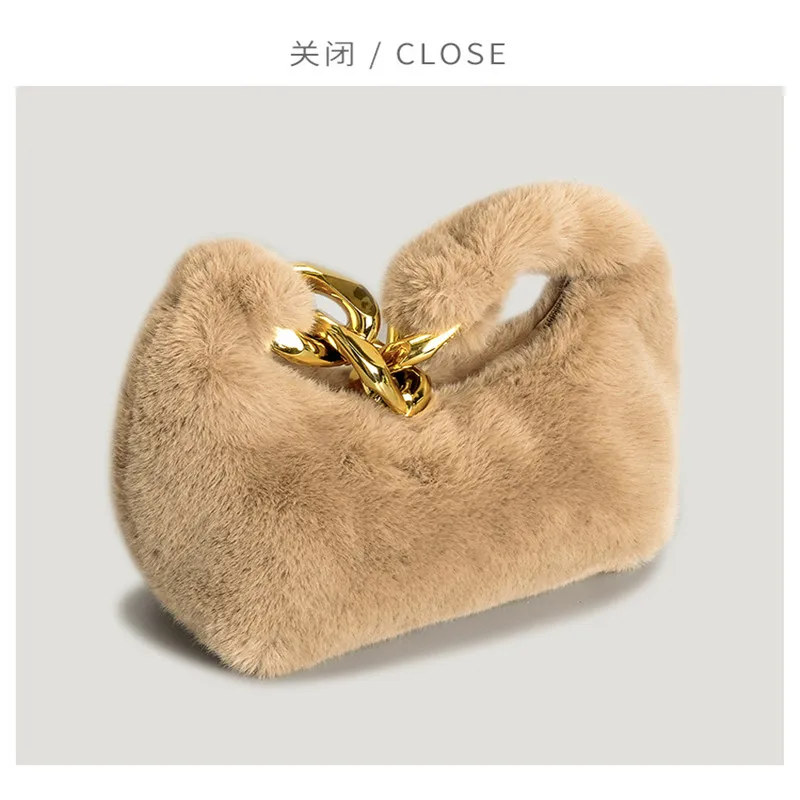 Winter Warm Bag Pink Blue Faux Fur Top Handle Purse Metal Chain Half Moon Design Women Clutch Evening Bag Small Phone Handbag