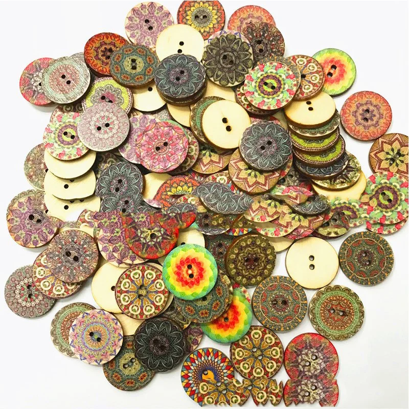 

50PCS 20-25MM Natural Wooden Buttons Round Painted Sewing Button for Clothing Decoration Scrapbook Diy Sewing Accessories