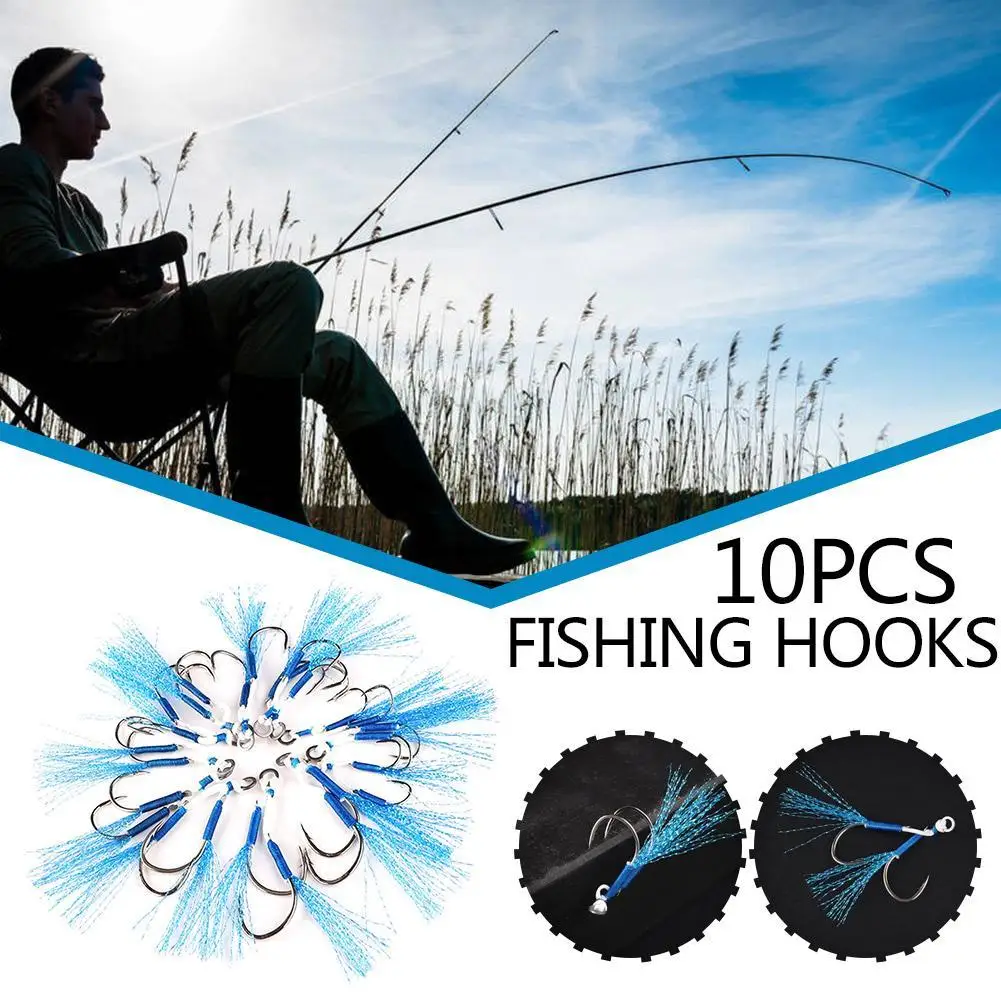 

10PCS/Lot Jig Lure Assist Hook Double Barbed Assist Hooks High Carbon Steel Blue Feather Fishing Lure pesca Slow Jigging Hooks