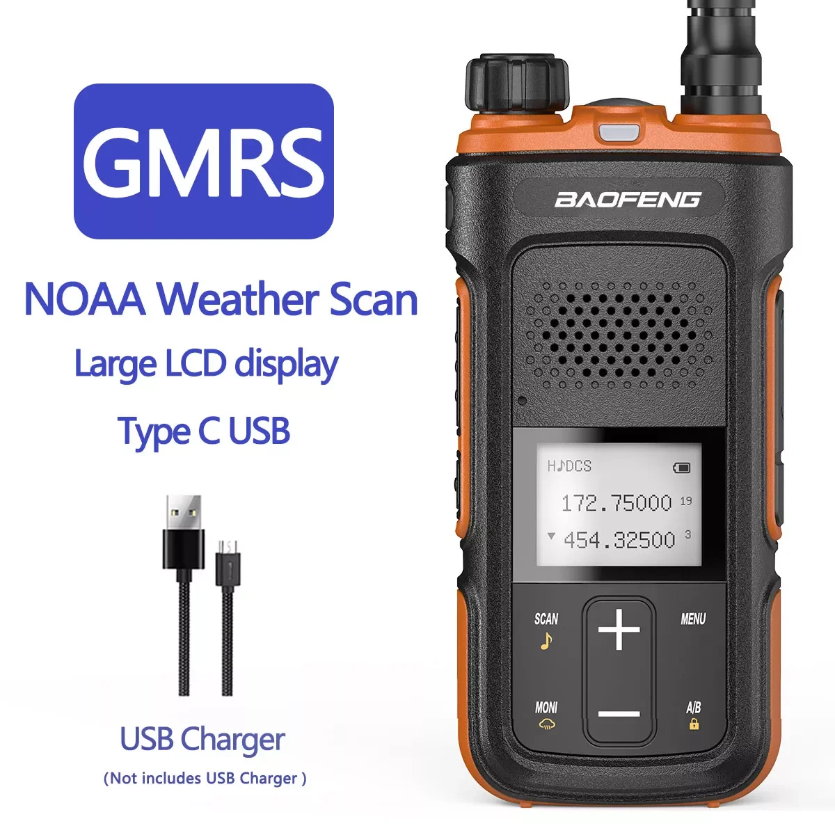 

Портативный радиоприемник GMRS, Ретранслятор с большим радиусом действия, двухдиапазонный сканер погоды NOAA, приемник, зарядка Type-C