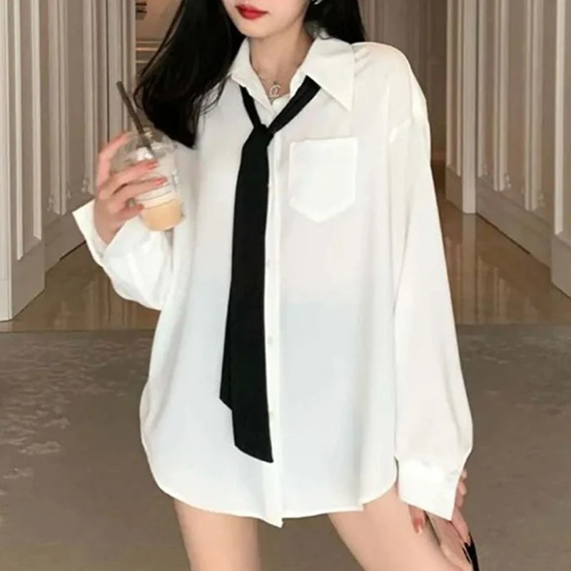 

New Autumn Casual White Shirt Woman Long Sleeve Office Loose Blouses Women Elegant Korean Turn-dwon Collar Shirts with Tie 29286