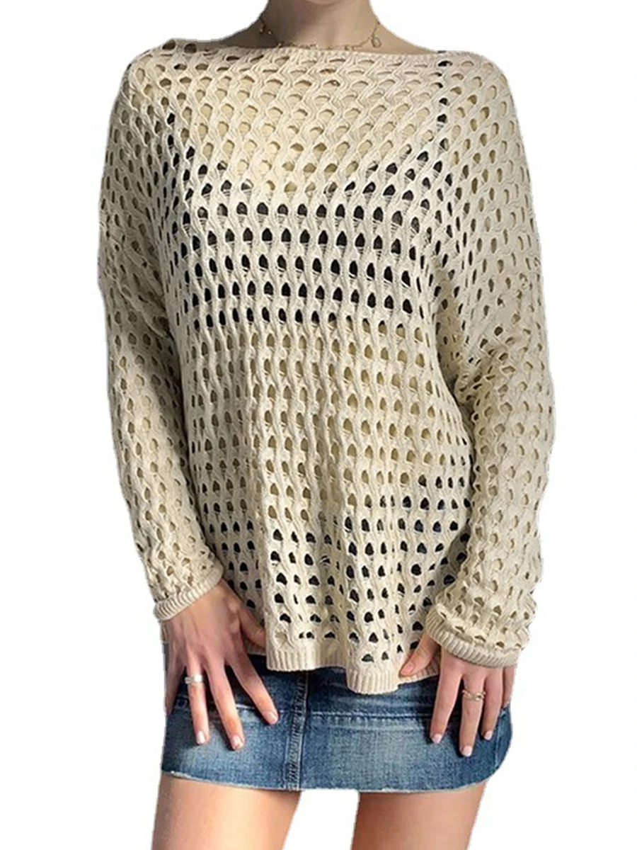 

Женский вязаный крючком кроп-топ с вырезами, повседневный свободный сетчатый свитер с длинным рукавом