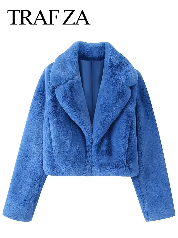 TRAF ZA Women's Loose Casual Faux Fur Warm Coats Elegant Solid Long Sleeve Suit Collar Jackets Winter Female Fashion Clothing