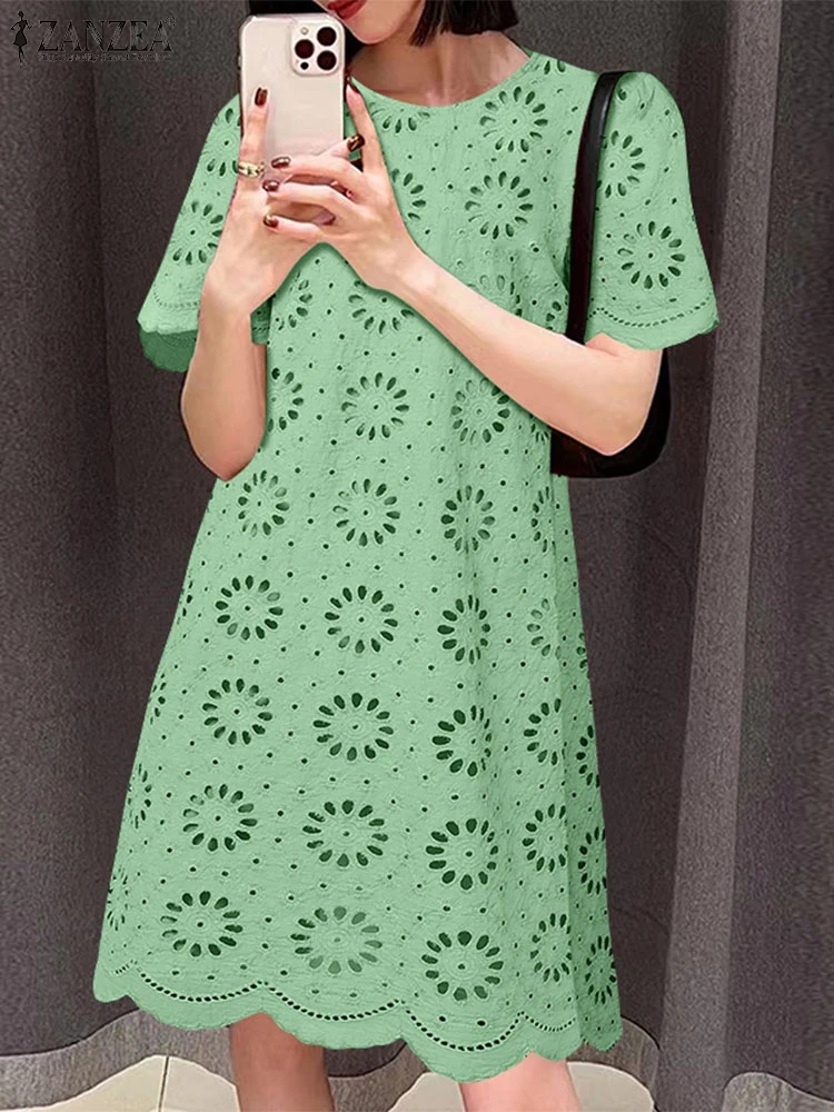 ZANZEA элегантное женское мини-платье для отпуска с коротким рукавом и круглым