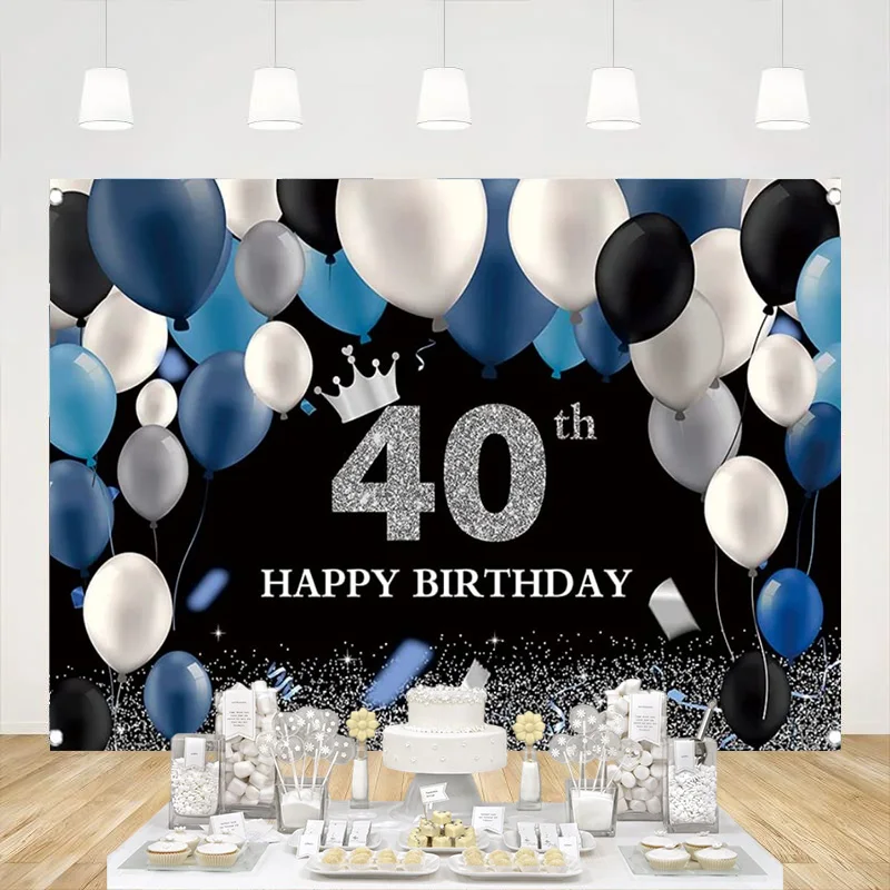 

Black and Silver 40th Birthday Backdrop Navy Blue and White Balloon Crown Background Forty Years Old Party Decoration