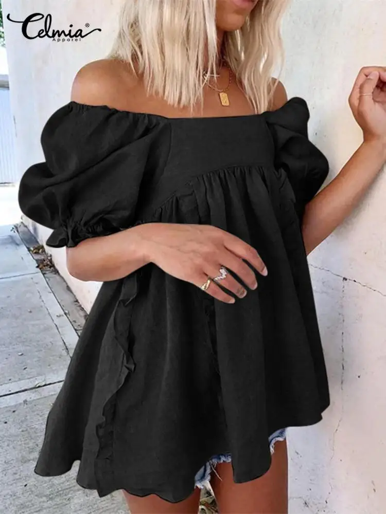 

Celmia Elegant Puff Sleeve Long Blusas Ruffles Stitching Cotton Fashion Women Peplum Blouse Off Shoulder Casual Summer Tunic Top