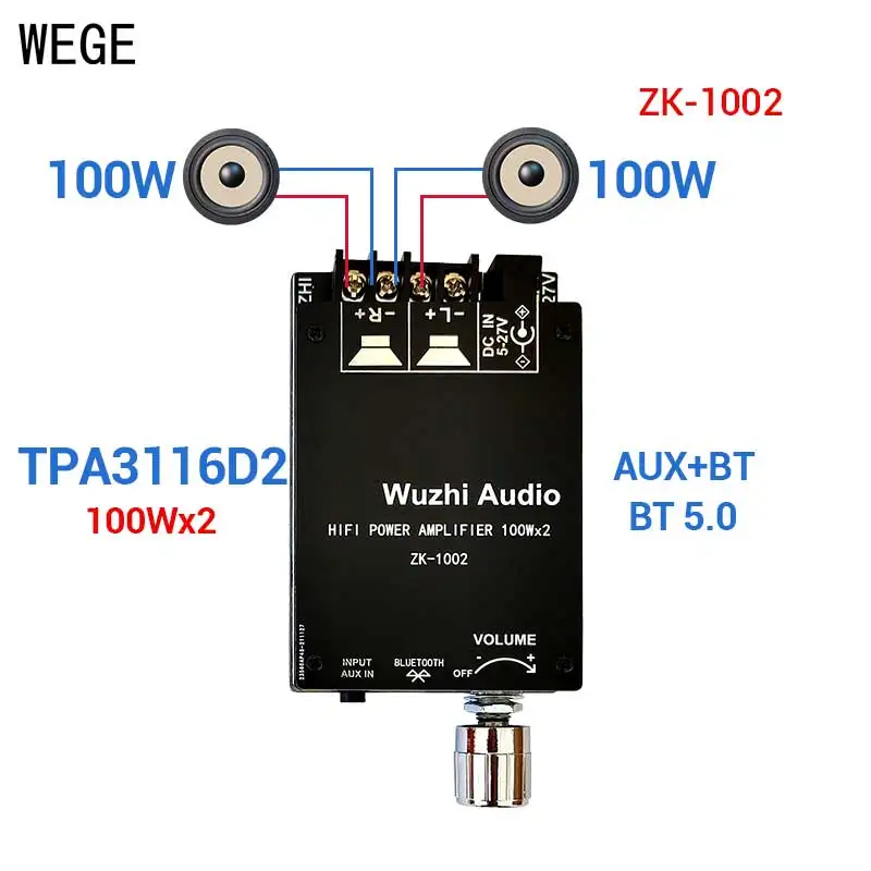 WEGE ZK-1002 1002L 2*100W TPA3116D2 BT5.0 мини аудио Мощность цифровая плата - Цена: 1508.17