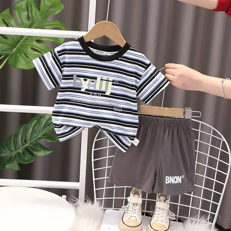 

Summer Children Cotton Baby Boys Girls Clothes Stripe Letters T Shirts Shorts 2Pcs/set Infant Kids Toddler Tracksuits 0-5 years