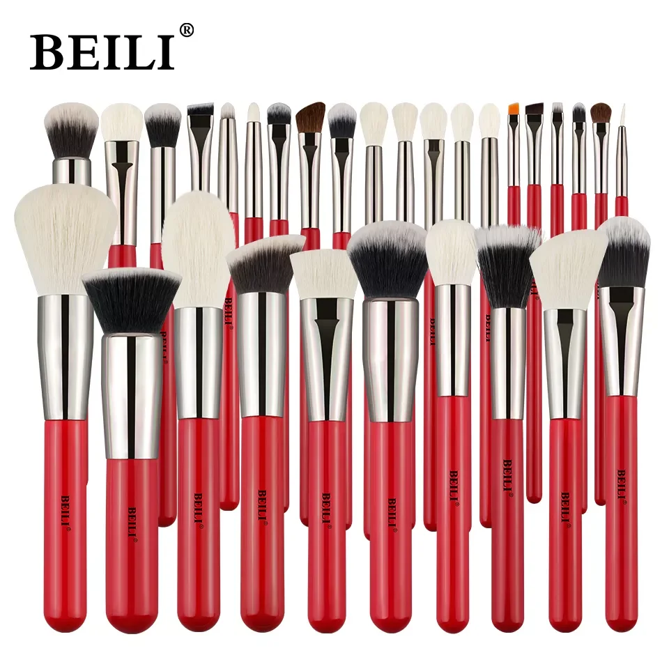 

NEW2023 Red Natural Makeup Brushes Set 11-30pcs Foundation Blending Powder Blush Eyebrow Professional Eyeshadow brochas maquilla