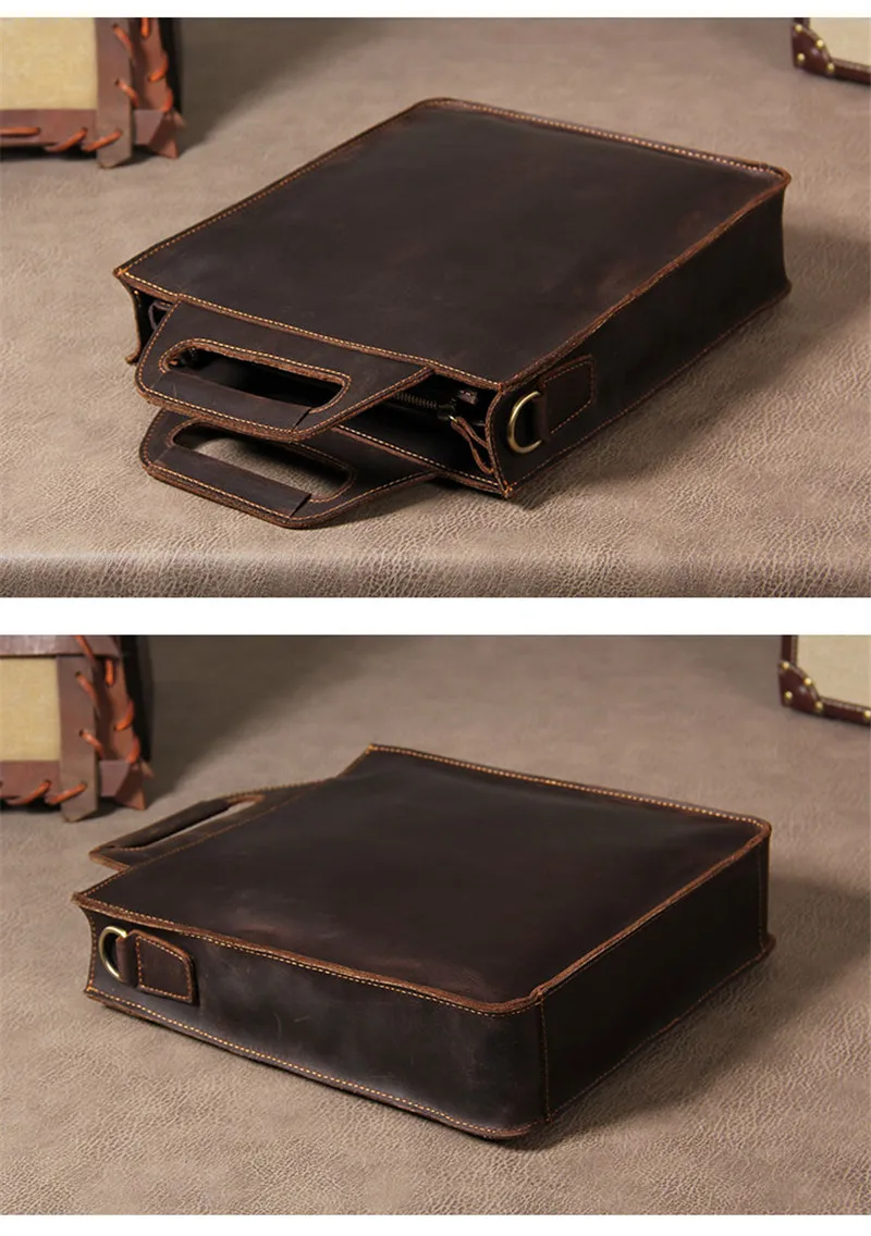 Retro fashion high quality crazy horse leather men's vertical document handbag simple business cowhide shoulder messenger bag