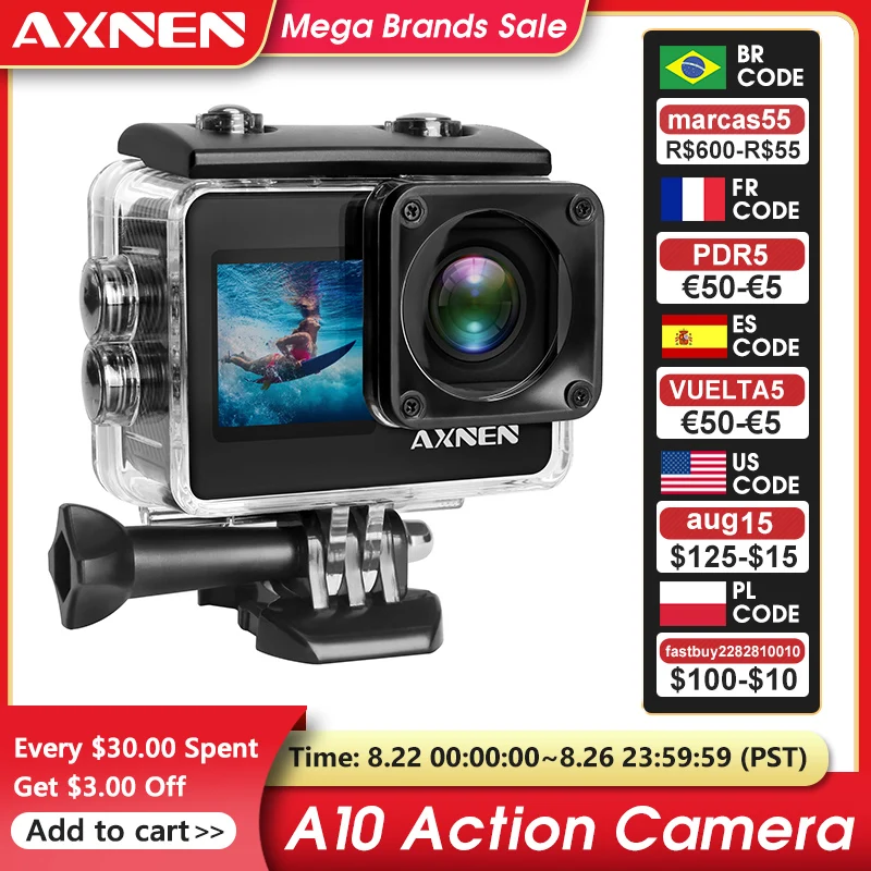 AXNEN A10 Action Camera Ultra HD 4K 30FPS 20MP Vlog Camera  Touch Screen Remote Control 1080P 60FPS EIS 30M Waterproof Sport Cam