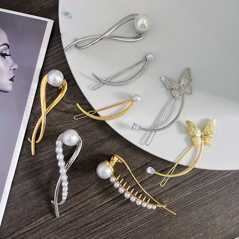 

Женские заколки для волос с большим жемчугом, золотистые/Серебристые заколки-пряжки с крестом-бабочкой и лягушкой, аксессуары для волос в К...