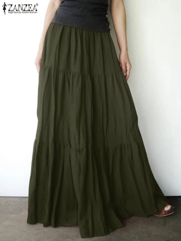 

Spring Fashion Loose Maxi Skirts 2022 ZANZEA Women's Solid Skirts High Elastic Waist Vestidos Female Button Ruffle Robe Oversize