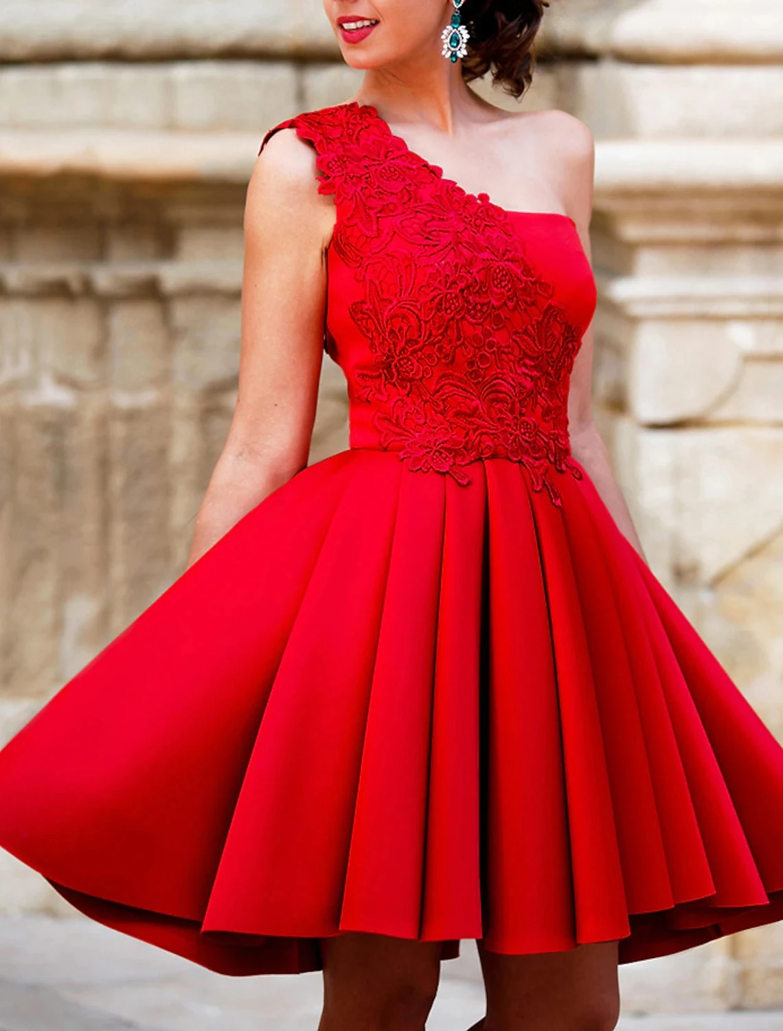 

Vintage Red A-line Short Prom Party Dresses One Shoulder Satin Lace Evening Homecoming Gown Robe De Soiree Vestidos Festa