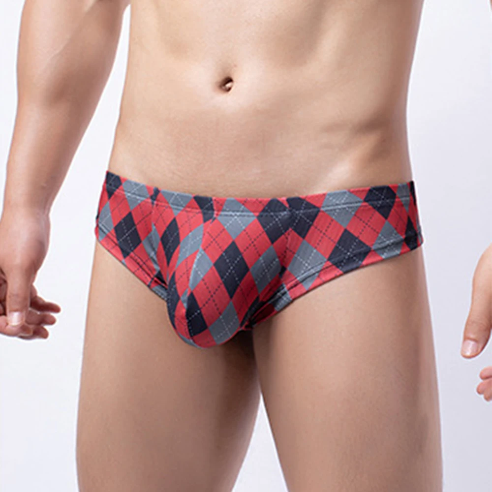 

Брендовое Мужское нижнее белье с клетчатым принтом, сексуальные трусики из ледяного шелка, U-образные выпуклые трусы-джоки с мешочком, дышащ...