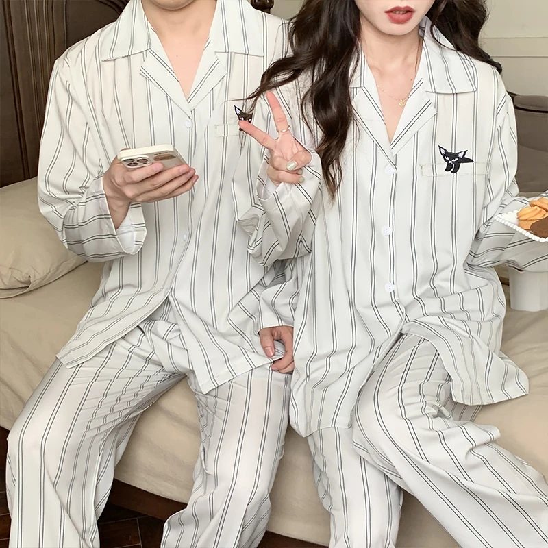 CAIYIER 2022 Korean Couple Pajamas Set Cartoon Stripe Dog Sleepwear For Men & Women Nightwear Autumn Winter Lovers Loungewear