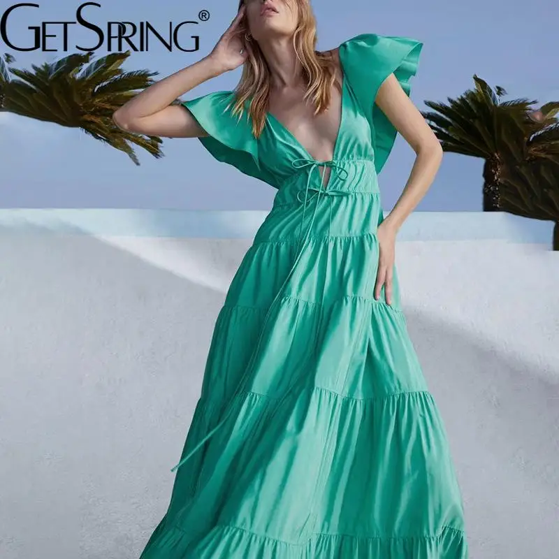 

Getspring женское платье, модное винтажное длинное платье с коротким рукавом, V-образным вырезом и открытой спиной, на шнуровке, сезон весна-лето ...