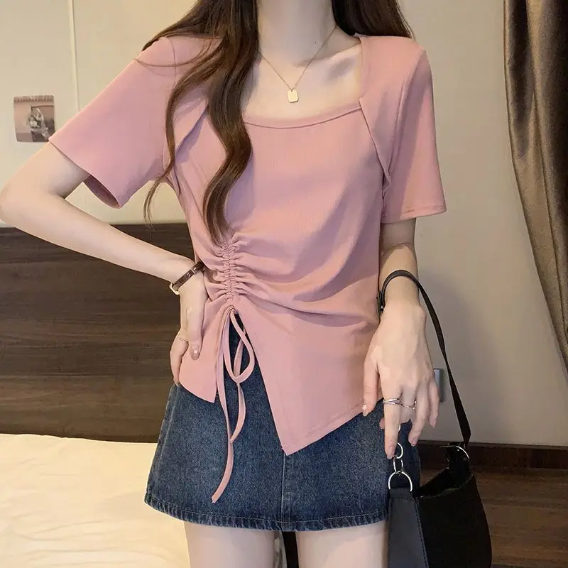 

Irregular design square short-sleeved T-shirt womens summer new fat sister large-size drawstring pleated jacket black