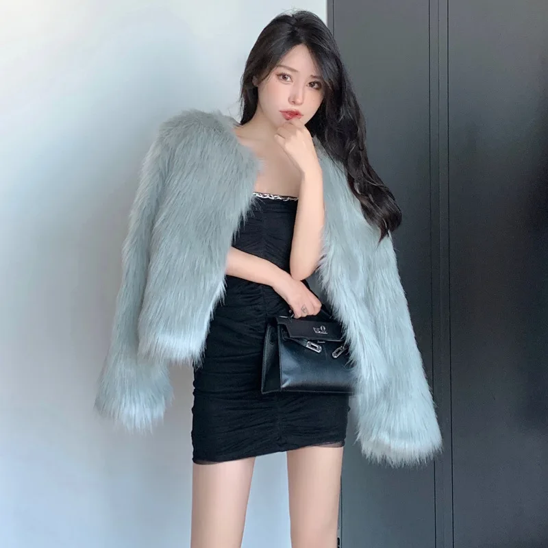 2022 Winter Faux  Fox Fur Grass Young Fur Coat Women's Luxury Short Fur Like Coat Sweet Girl Sky Blue Coats Fur Jacket