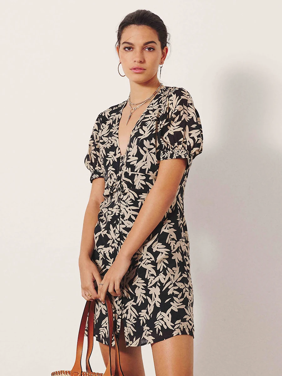 

Leaves Print Mini Dress Women Clothing Short Sleeves V Neck Single Breasted Slim Dresses 2022 Summer Femme Elegant Casual Robes