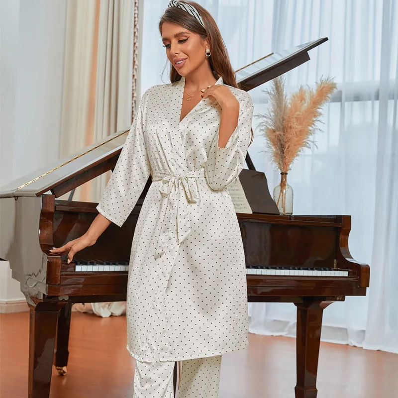 Women Pajamas 3-Piece Set Polka Dot New Robe Sling Top Pants Nightwear V-neck Sleepwear Silky Touch Homewear Lounge Set