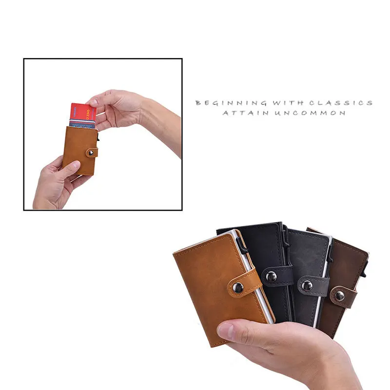 Blocking Vintage Men Credit Card Holder Aluminum Alloy Business ID Card Case Automatic Male Metal Leather Cardholder Wallet 2021
