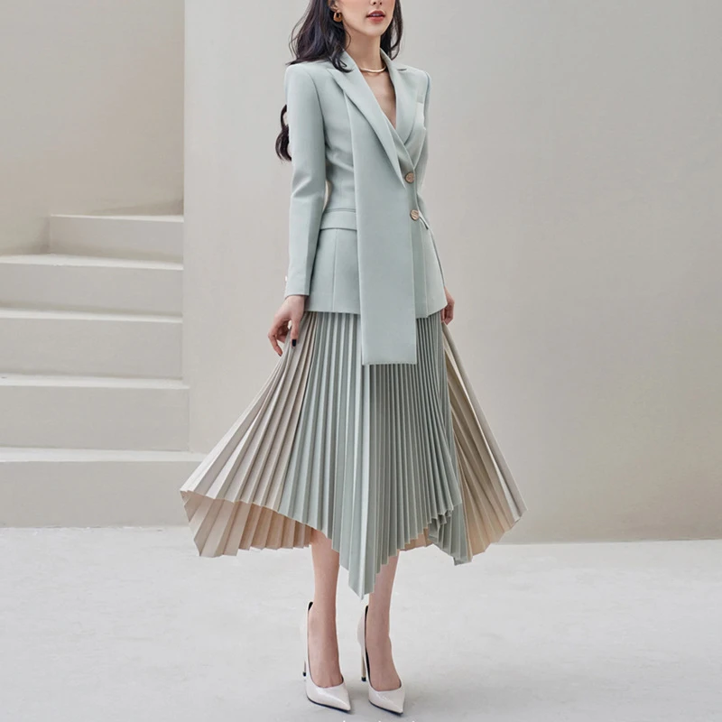 Фото TWOTWINSTYLE комплект из двух предметов для женщин, однобортный пиджак с лацканами и длинными рукавами, женская юбка в стиле пэчворк с высокой талией №2