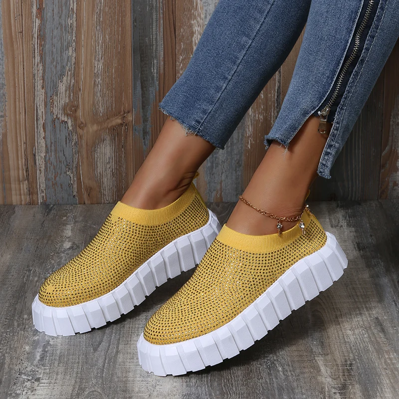 

New Rhinestone Sneakers Women 2022 Spring Comfy Stretch Fabric Ladies Slip on Loafers 36-43 Large-Sized Running Walking Flats