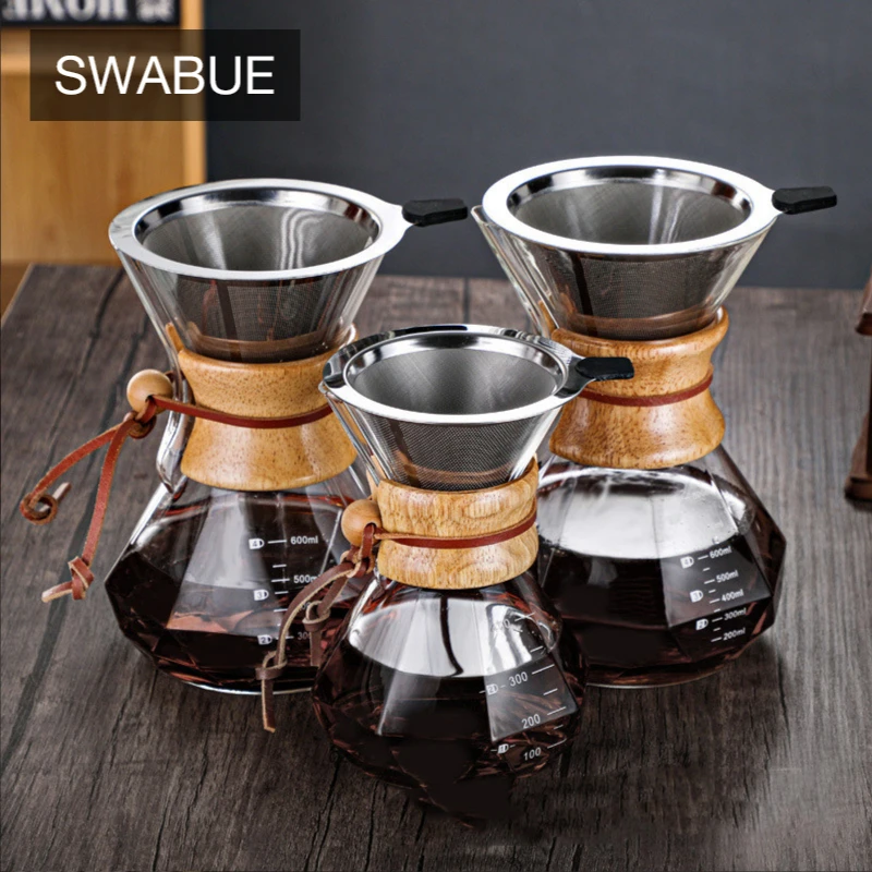 

Borosilicate Glass Coffee Maker Coffee Sharing Pot Wooden Handle with Stainless Steel Fliter High Temperature Resistant Kettle