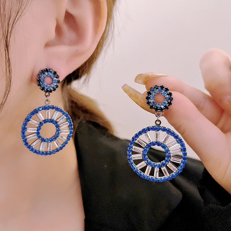 

European and American Exaggerated Zircon Boho Women's Earrings Blue Fairy Vintage Silver Needle Dangle Earrings