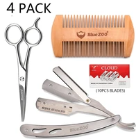 4pcsset professional folding razor hair cutting scissors mustache scissors wooden comb barber scissors hair styling tool