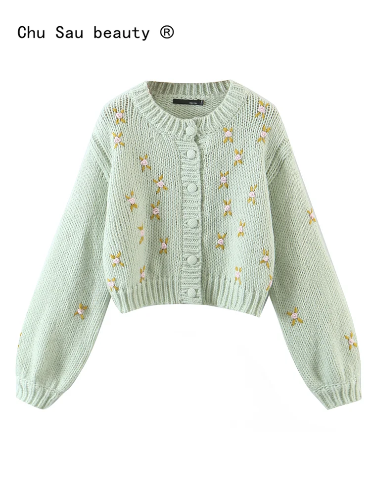 

Women Knitted Cardigan 2022 Autumn Winter New Sweet Cute Kawaii College Style Loose O-Neck Embroidery Short Sweater Female